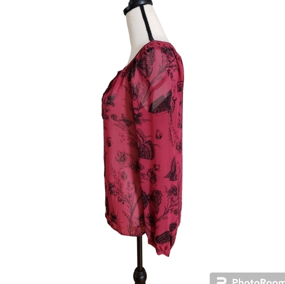 Ann Taylor Loft Womens Blouse Red BLACK BUTTERFLIES Size SP Long Sleeve Sheer - Picture 3 of 8